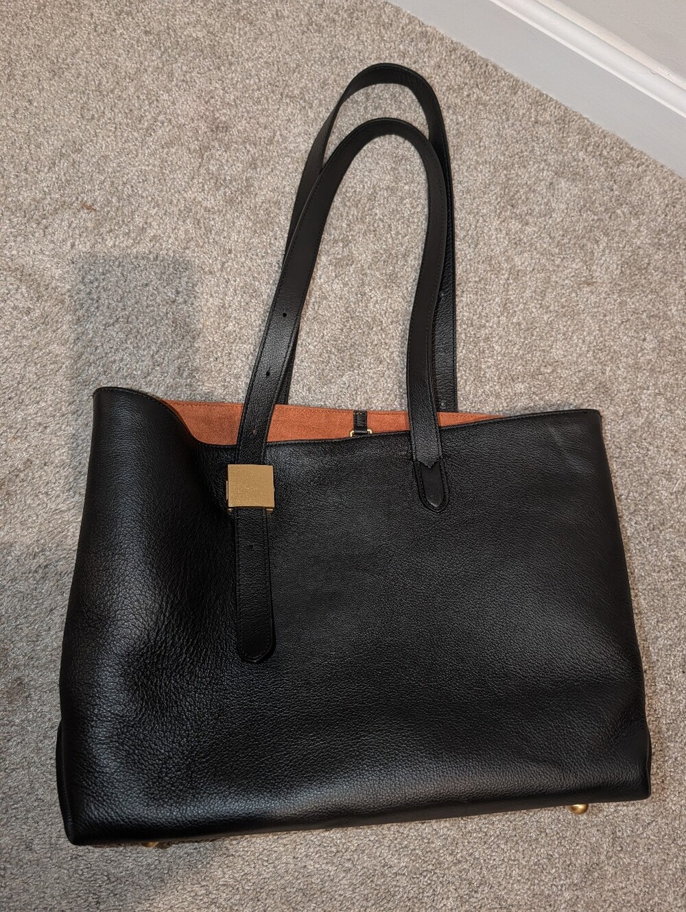 Structured Black Leather Tote with Contrast Brown Interior